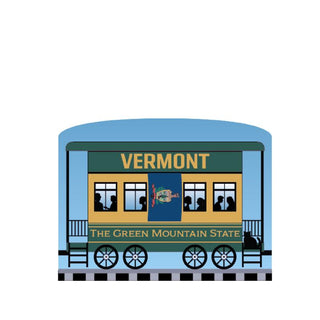 3/4" Wooden replica with a Illustration of a train car with 'Vermont' and 'The Green Mountain State' text on a white background