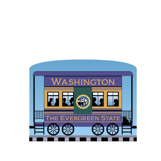 3/4" Wooden replica with a Illustration of a train car with 'Washington The Evergreen State' text on a white background