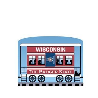 3/4" Wooden replica with a Illustration of a train car labeled 'Wisconsin The Badger State' on a white background