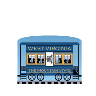3/4" Wooden replica with a Illustration of a blue train car with 'West Virginia' and 'The Mountain State' text on a white background.