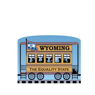3/4" Wooden replica with a Illustration of a train car with 'Wyoming The Equality State' text on a white background