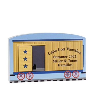 3/4" Wooden replica with a  train car model with 'Cape Cod Vacation' text and star design on a white background