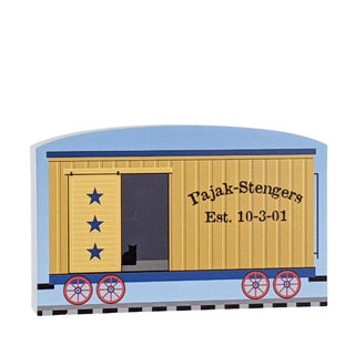 3/4" Wooden replica with a  train car with blue top and yellow sides, featuring stars and text on a white background.