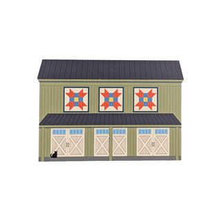 3/4" thick wooden illustration of a barn with quilt-style design on the side