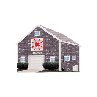 3/4" thick wooden illustration of a barn with a quilt design and 'Swoon' on a white background