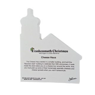 3/4" thick wooden  model with text about Frankenmuth Christmas and Cheese Haus.