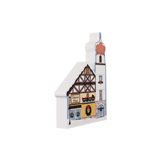 3/4" thick wooden  Decorative model of a cheese haus with festive decorations on a white background