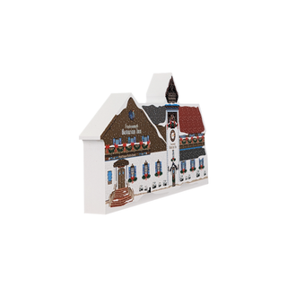 3/4" thick wooden model of a Bavarian Inn with detailed architecture on a white background