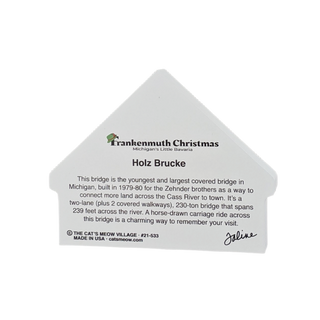 3/4" thick wooden souvenir with text about Holz Brucke covered bridge in Frankenmuth, Michigan