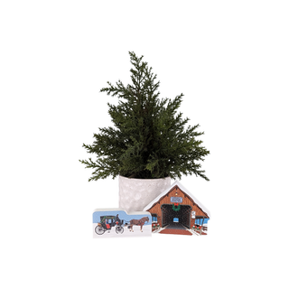 3/4" thick wooden replica of a covered bridge design featuring a wreath and festive decorations on display
