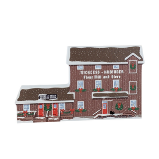 3/4" thick wooden Model of a two-story building with 'Nickless Hubinger Flour Mill and Store' text on a white background