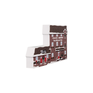 3/4" thick wooden Model of a two-story building with 'Nickless Hubinger Flour Mill and Store' text on a white background