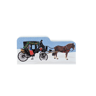 3/4" thick wooden illustration of a horse-drawn carriage with a driver and passengers against a snowy background