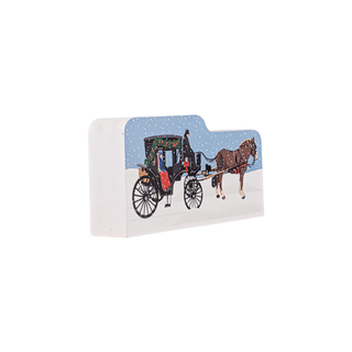 3/4" thick wooden illustration of a horse-drawn carriage with a driver and passengers against a snowy background