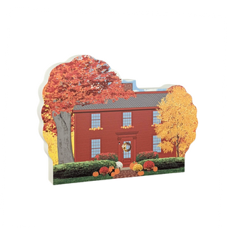 3/4" thick wooden Illustration of Hawthorne Birthplace house with autumn trees and pumpkins on a white background