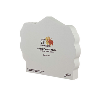 3/4" thick wooden model of a house with text and branding on a white background