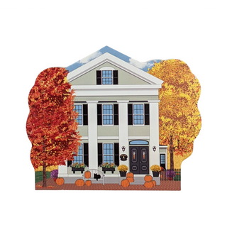 3/4" thick wooden Illustration of a two-story house with autumn trees and pumpkins on a white background