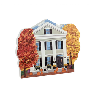 3/4" thick wooden Illustration of a two-story house with autumn trees and pumpkins on a white background