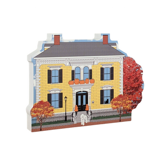 3/4" thick wooden  model of a yellow house with pumpkins