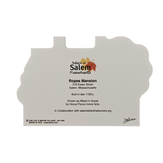 3/4" thick wooden  cutout with text about Ropes Mansion in Salem, Massachusetts, featuring a logo