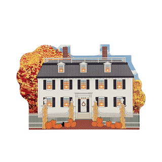 3/4" thick wooden Decorative cutout of a house with pumpkins and autumn trees on a white background
