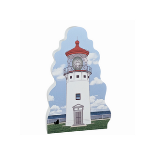 3/4" thick wooden replica with an Illustration of a lighthouse design on a white background