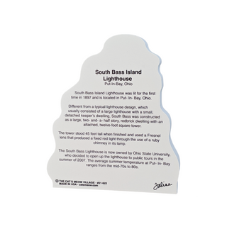 back of product with text about South Bass Island Lighthouse on a white background