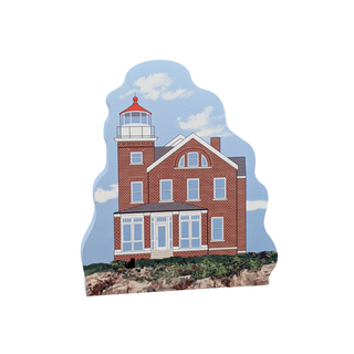 3/4" thick wooden replica with an Illustration of a lighthouse design on a white background