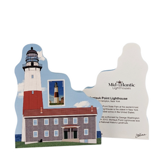 Wooden souvenir plaque or magnet featuring an illustrated view of the Montauk Point Lighthouse in New York, with a small postage stamp design and printed informational text on a white background.