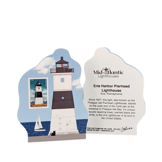 A decorative plaque shaped like the Erie Harbor Pierhead Lighthouse on Presque Isle Bay, Pennsylvania, featuring a printed lighthouse illustration, a postage stamp design, a small sailboat, and a plaque insert with historical text from Mid-Atlantic Lighthouses.