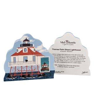 A die-cut decorative plaque featuring an illustration of the Thomas Point Shoal Lighthouse in Maryland, with a white informational card printed with historical text. The plaque is shown on a plain white background.