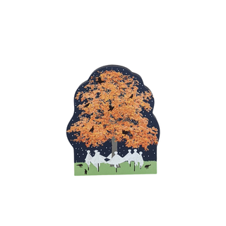 Decorative 3/4" thick wooden cutout of a tree with autumn leaves and people under a starry sky.