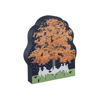 Decorative 3/4" thick wooden piece with a tree and ghosts under a starry sky on a white background