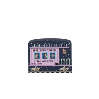 3/4" thick wooden Illustration of a vintage-style bus with 'Spellbound Tours' text on a white background