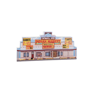 3/4" thick wood Model of a store front with colorful signs on a white background