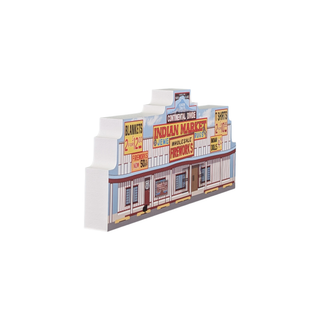 3/4" thick Model of a vintage store front with colorful signs on a white background