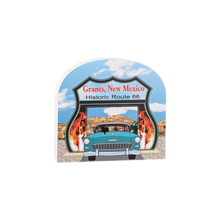 3/" wood Decorative sign for Grants, New Mexico with a vintage car and desert landscape.