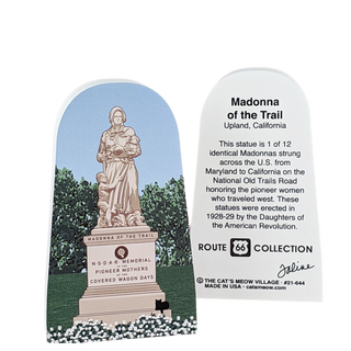 3/4" thick model of statue of 'Madonna of the Trail' and descriptive text on a white background