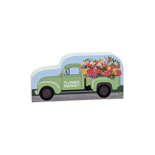 3/4" thick wooden illustration of a vintage truck with flowers