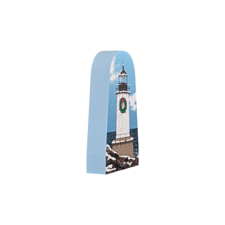 3/4" thick wooden model with a lighthouse and Christmas wreath design.