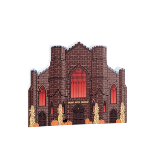 3/4" thick wooden Illustration of the Salem Witch Museum with pumpkins and corn stalks in front.