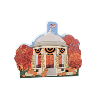 3/4" thick wooden model of a gazebo with pumpkins and autumn foliage on a white background