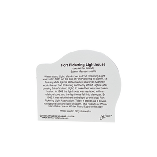 back of product with text about Fort Pickering Lighthouse on a white background