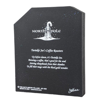back of product with white text and logo for Twinkle Joe's Coffee Roasters on a white background