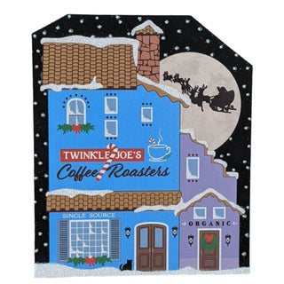 3/4" thick wooden replica with an illustration of a  coffee shop named 'Twinkle Joe's Coffee Roasters' with a festive background.