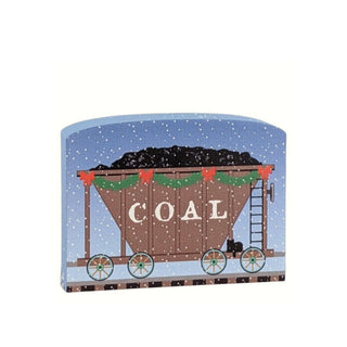 3/4" thick wooden replica with an illustration of a  coal car with 'COAL' text on a snowy background