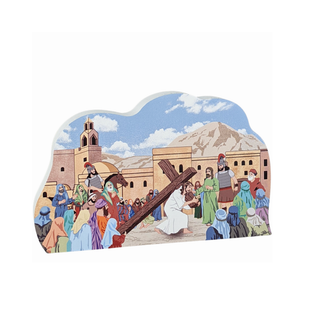 3/4" thick wooden replica with an Illustration of  a religious scene with people and a cross, set against a scenic background.