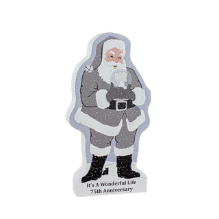 3/4" thick wooden replica with an illustration of  Santa Claus with 'It's a Wonderful Life 75th Anniversary' text on a white background