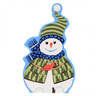 3/4" thick wooden replica with an Illustration of a snowman featuring a green and blue striped hat, blue patterned scarf, green patterned coat, and a small red bird on a white background.