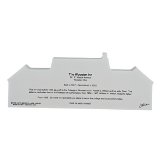 3/4" thick wooden cutout  with text about The Wooster Inn on a white background